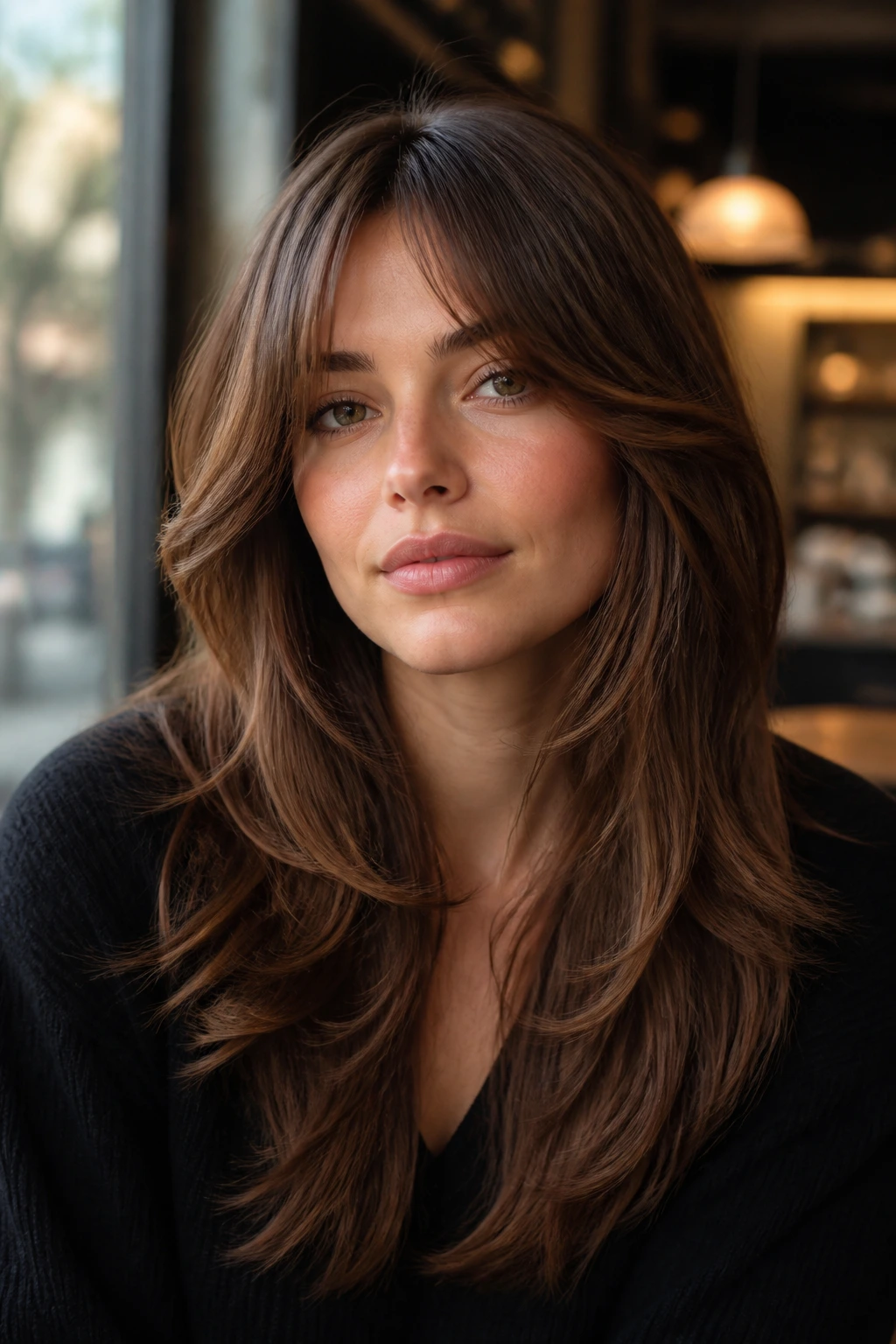 Real person with bottleneck bangs joining feathered lengths