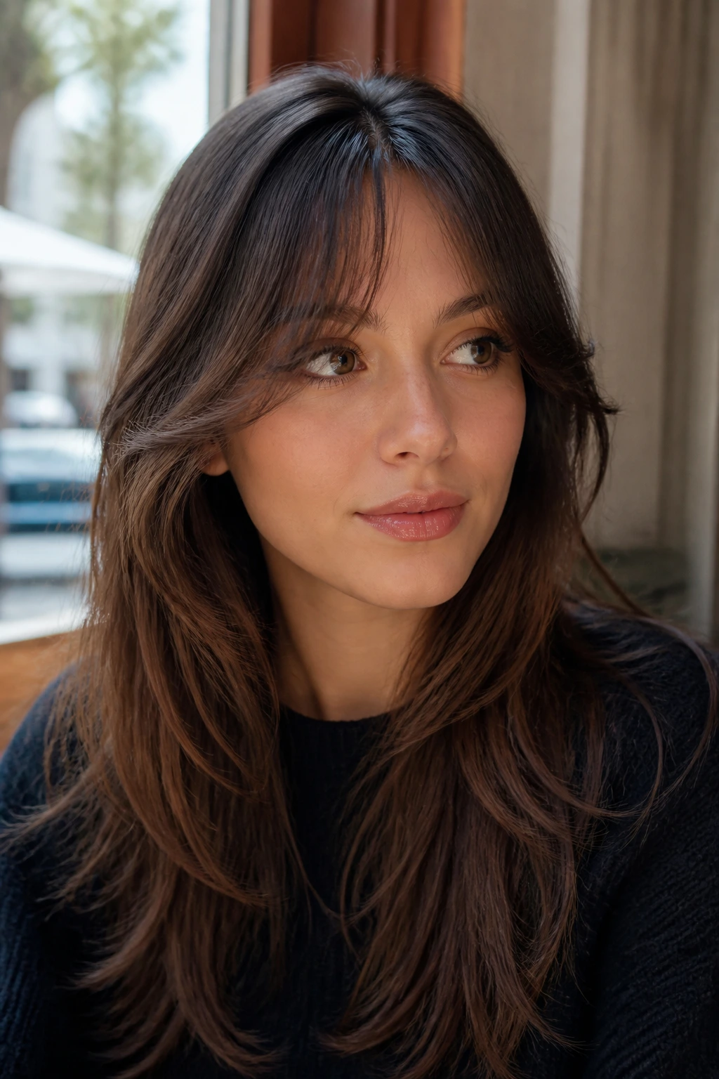 Portrait of a woman with bottleneck bangs and floating side layers.