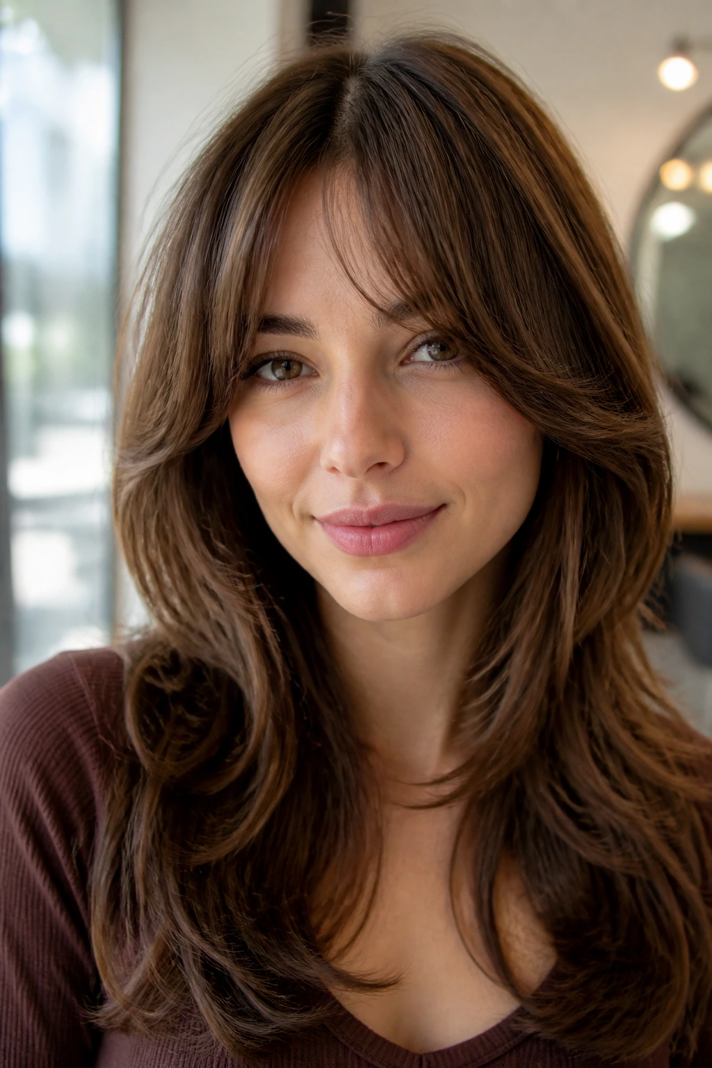 Real woman with bottleneck bangs and flowing side pieces in a natural-light studio.
