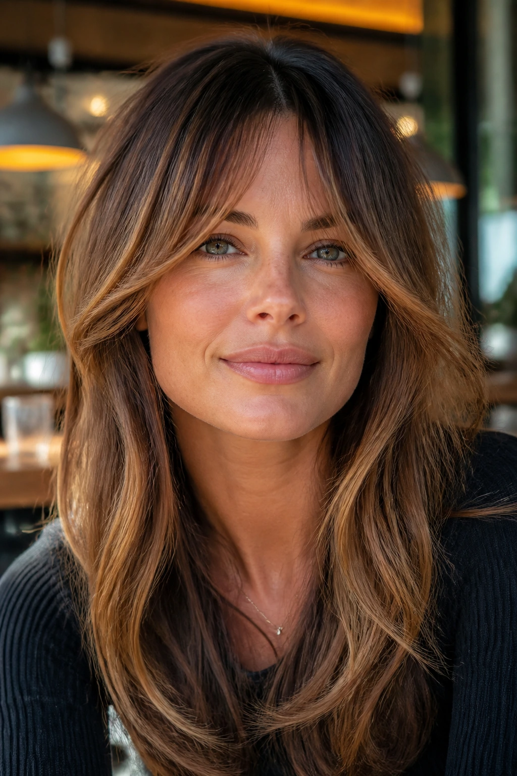 Portrait of a woman with bottleneck bangs framing the face in natural cafe light