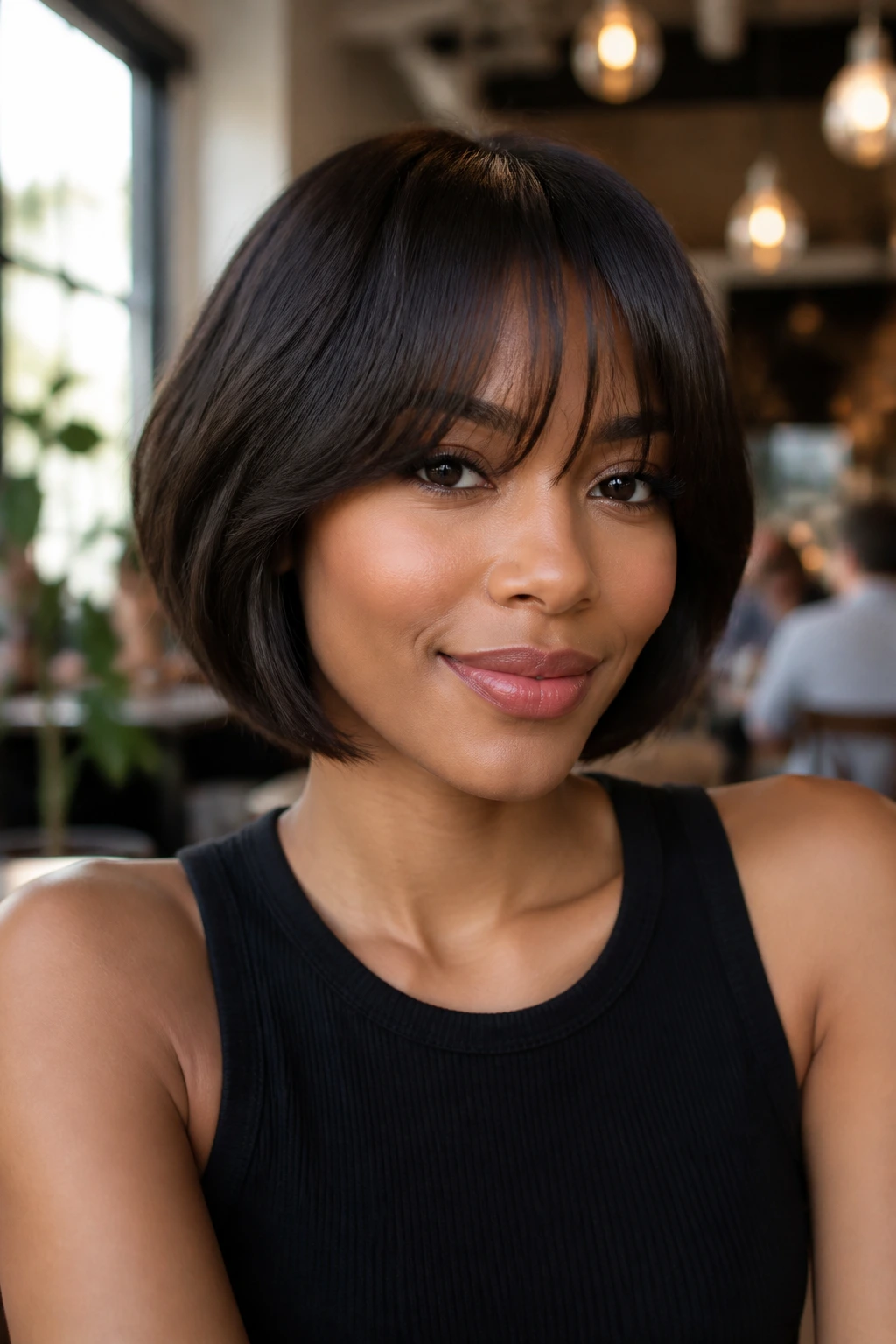Portrait of a woman with bottleneck bangs on a French bob