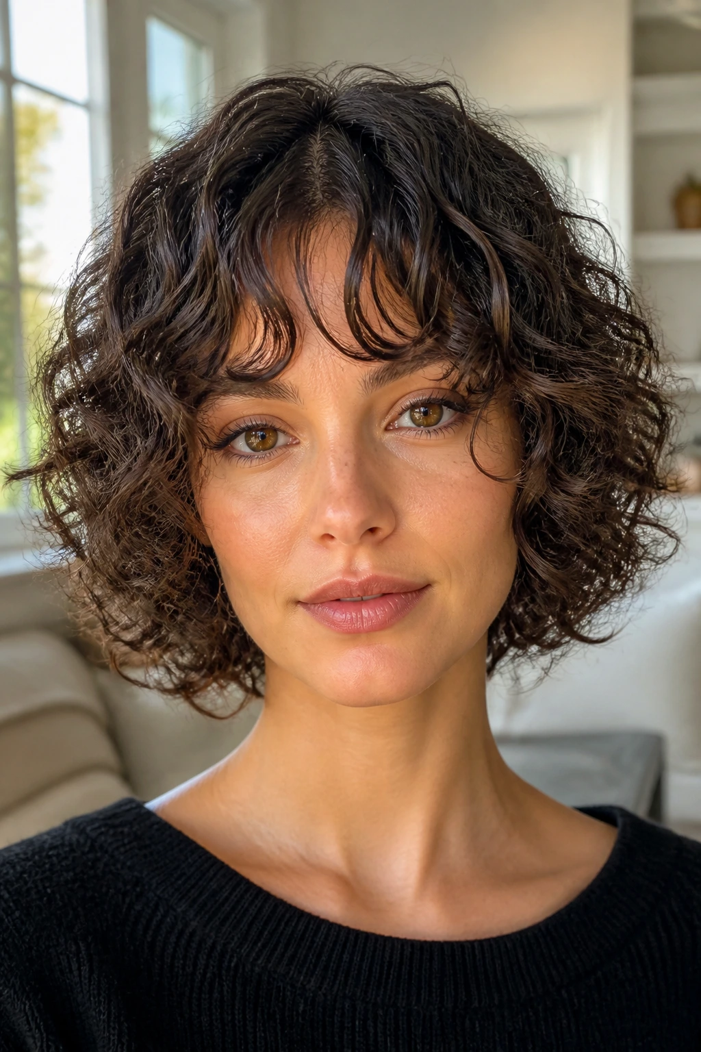 Close-up of a real woman with bottleneck bangs in a French bob