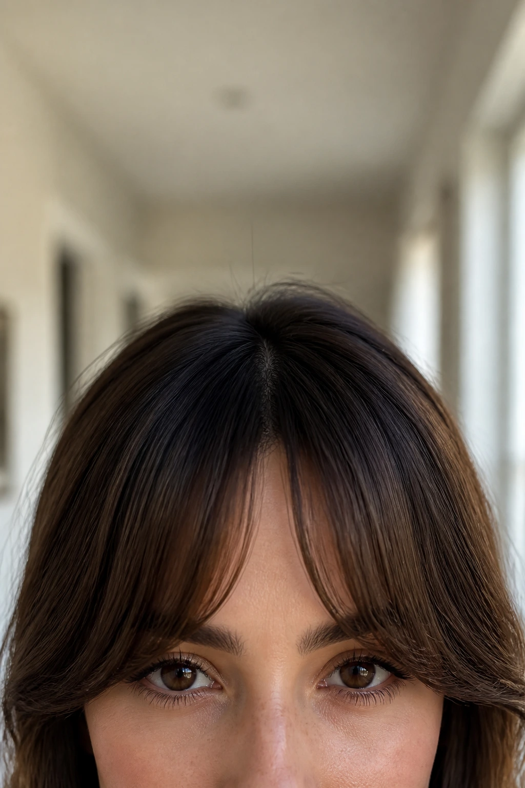 Portrait of a person with bottleneck bangs featuring a narrow center.