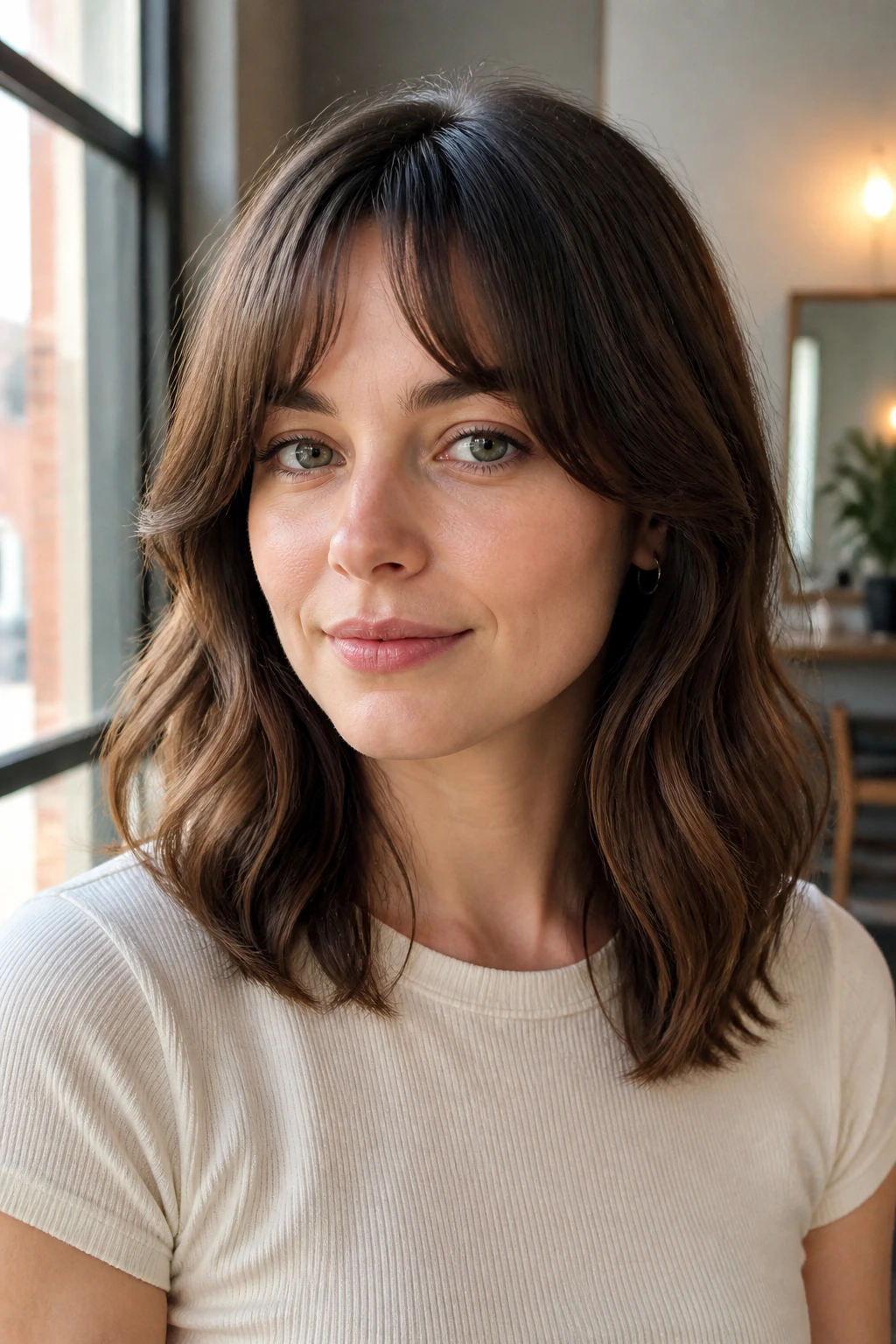 Close-up portrait of a real woman with bottleneck bangs and gentle wave framing the face.