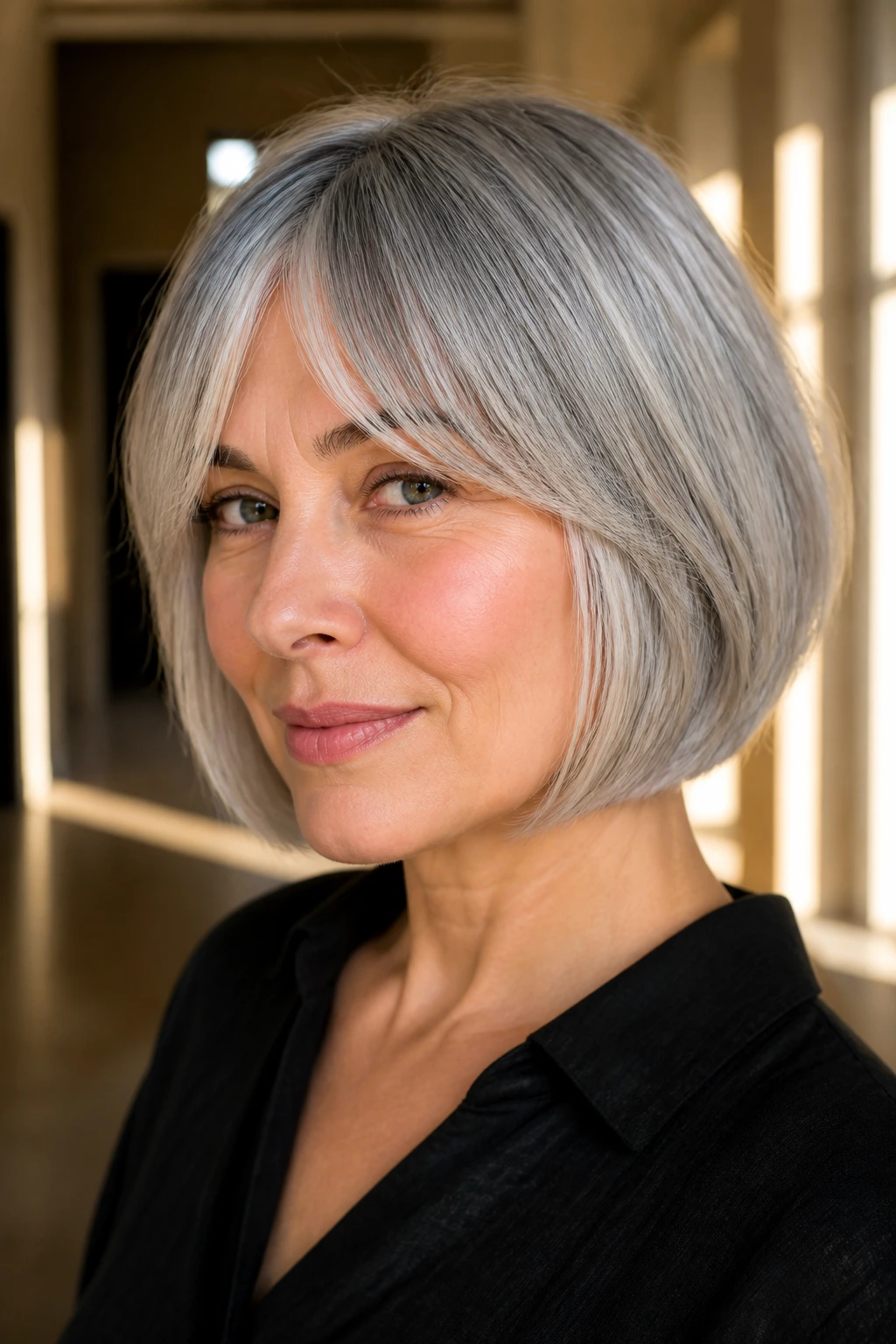 Portrait of a real woman with bottleneck bangs grey bob