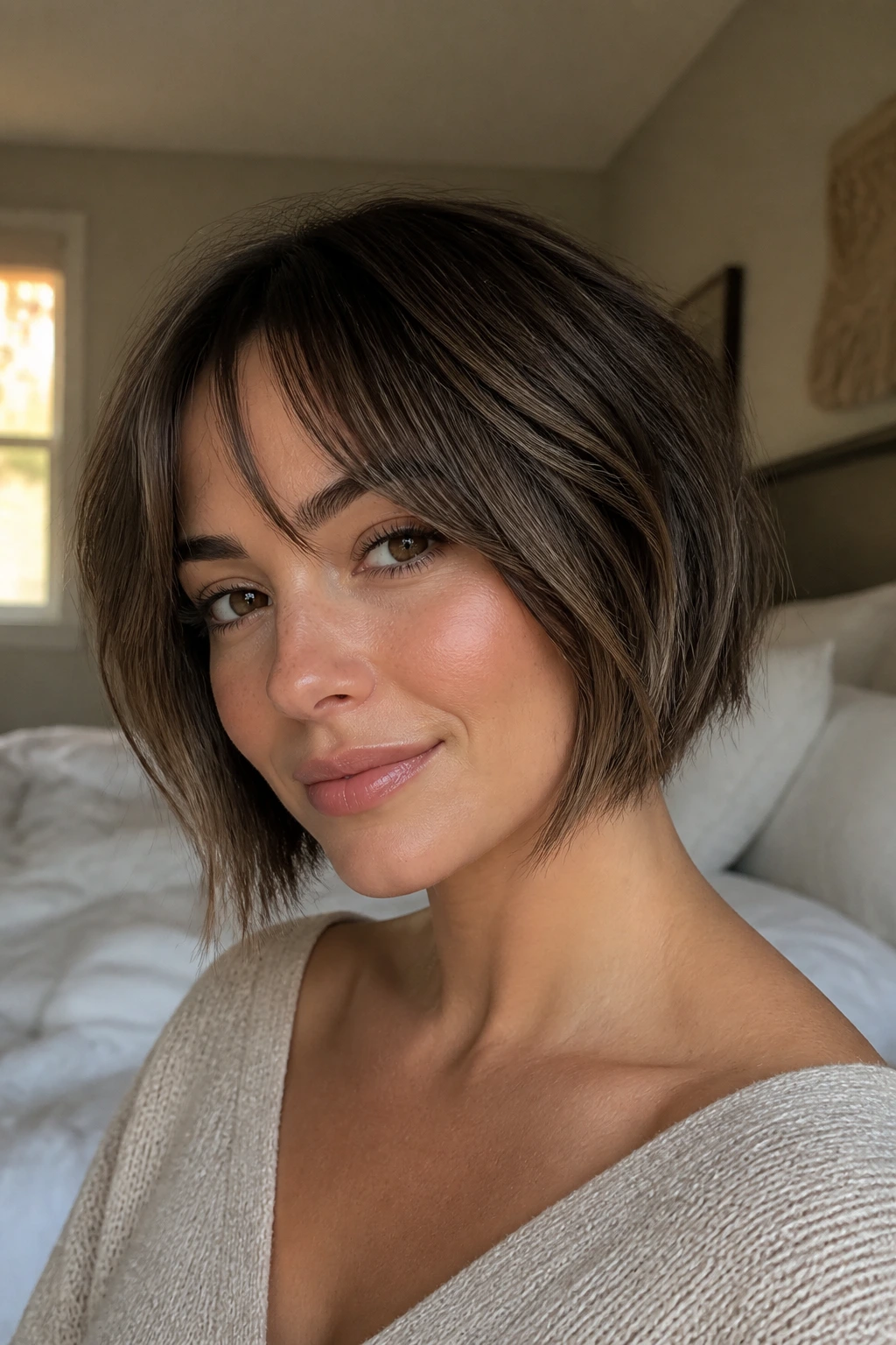 Portrait of a real woman with Bottleneck Bang Inverted Bob featuring wispy center bangs and smoky brown lowlights.