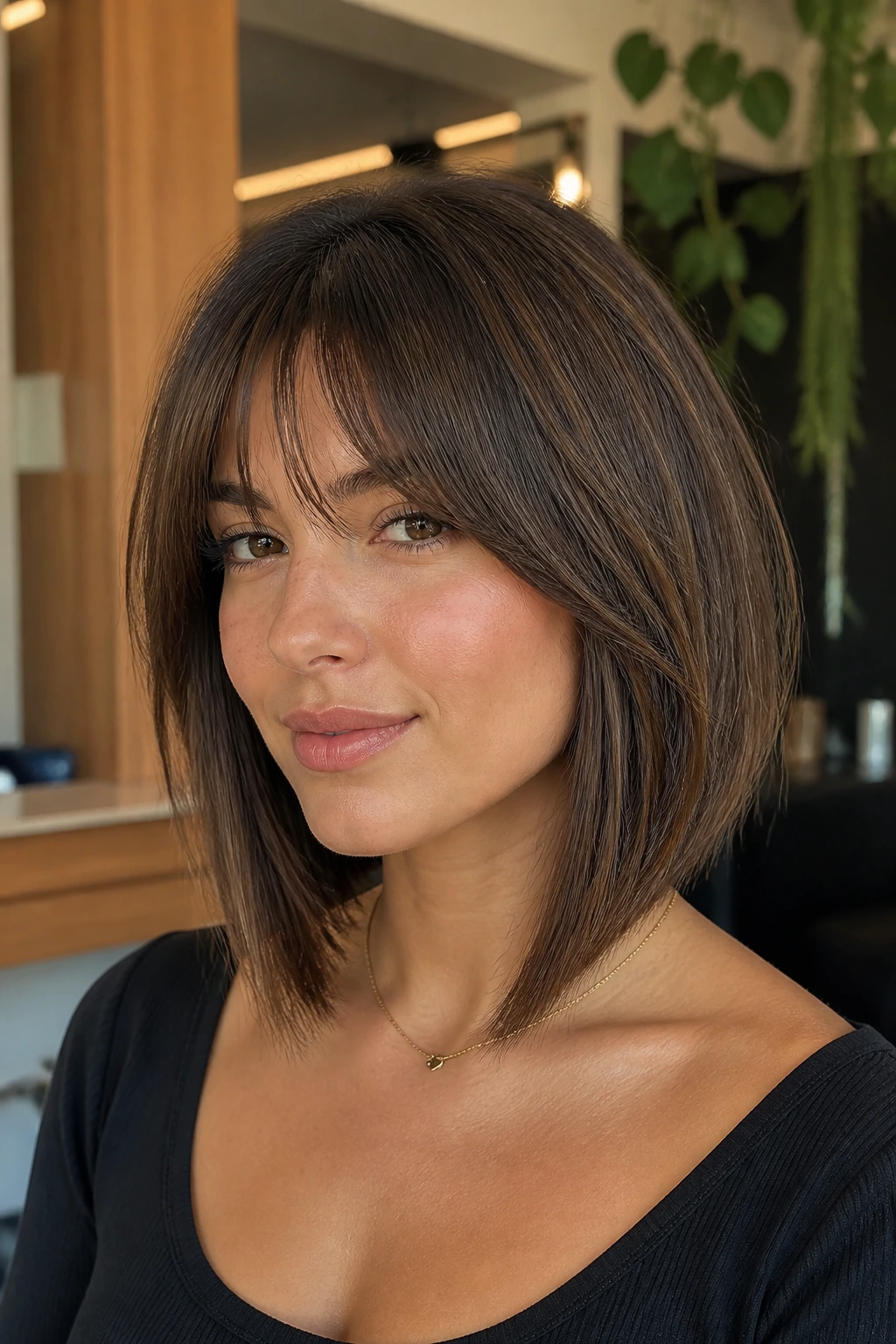 Close-up of bottleneck bangs on a real woman with an inverted lob in warm salon light