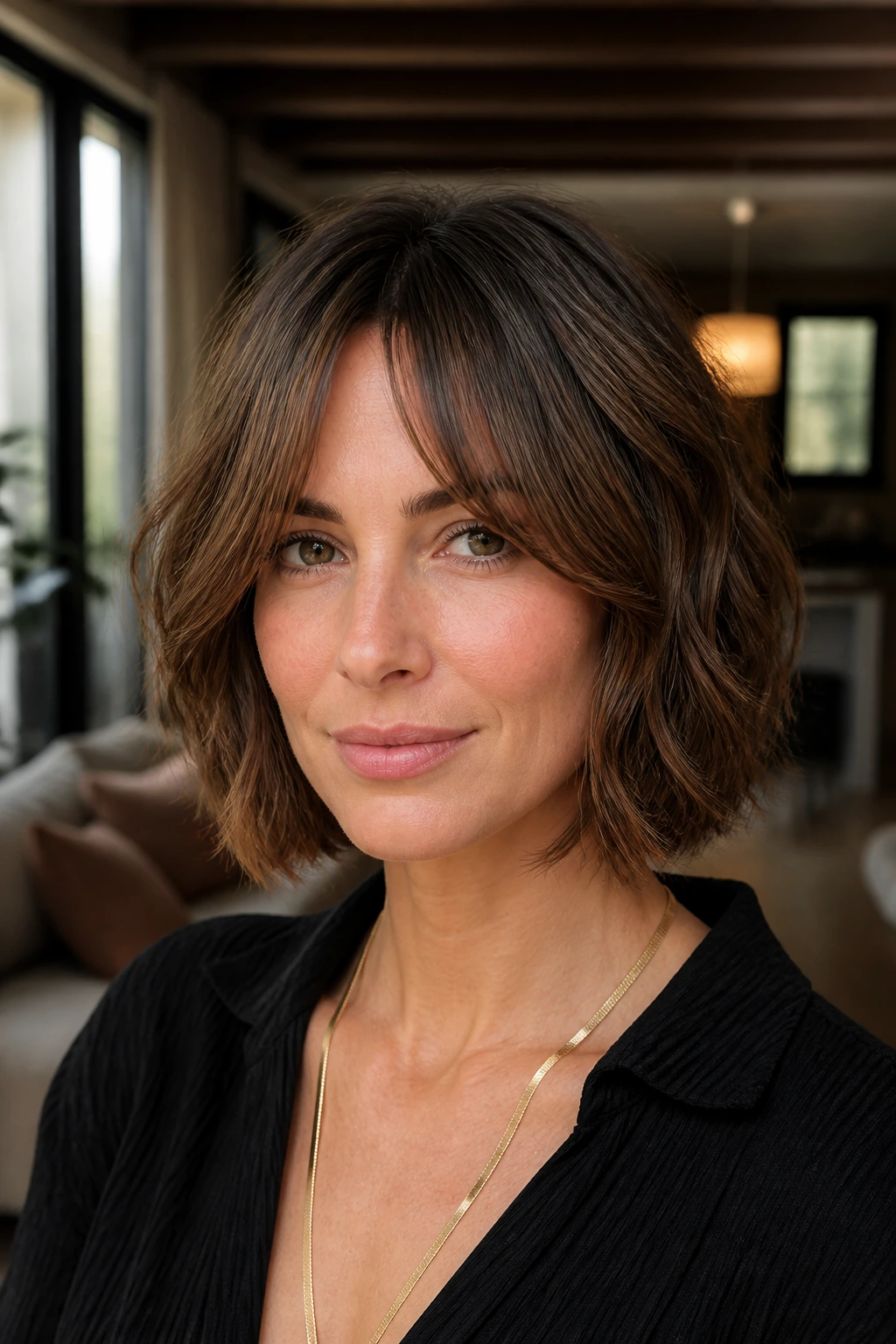 Close-up of a real woman with bottleneck bangs and a layered bob below the jaw under soft window light.