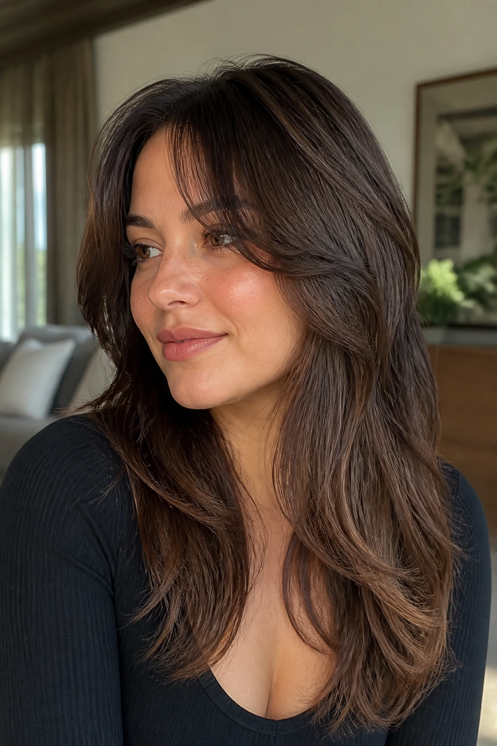 Close-up of a real woman with bottleneck bangs and layered body.