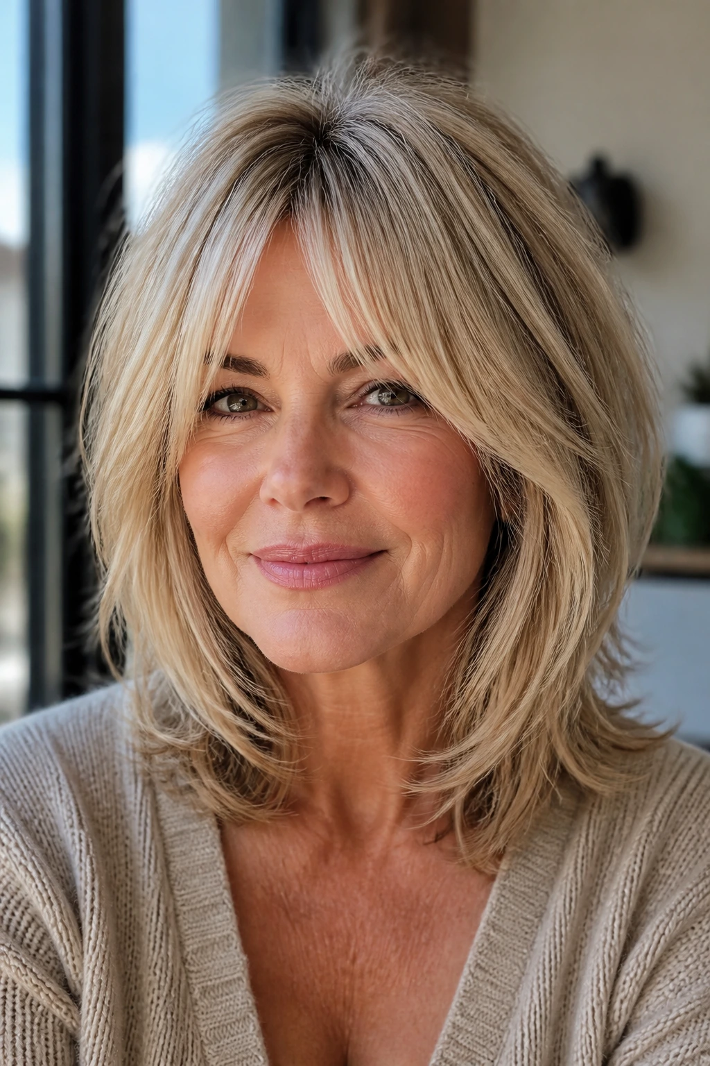 Woman with bottleneck bangs and layered medium cut in beige blonde.