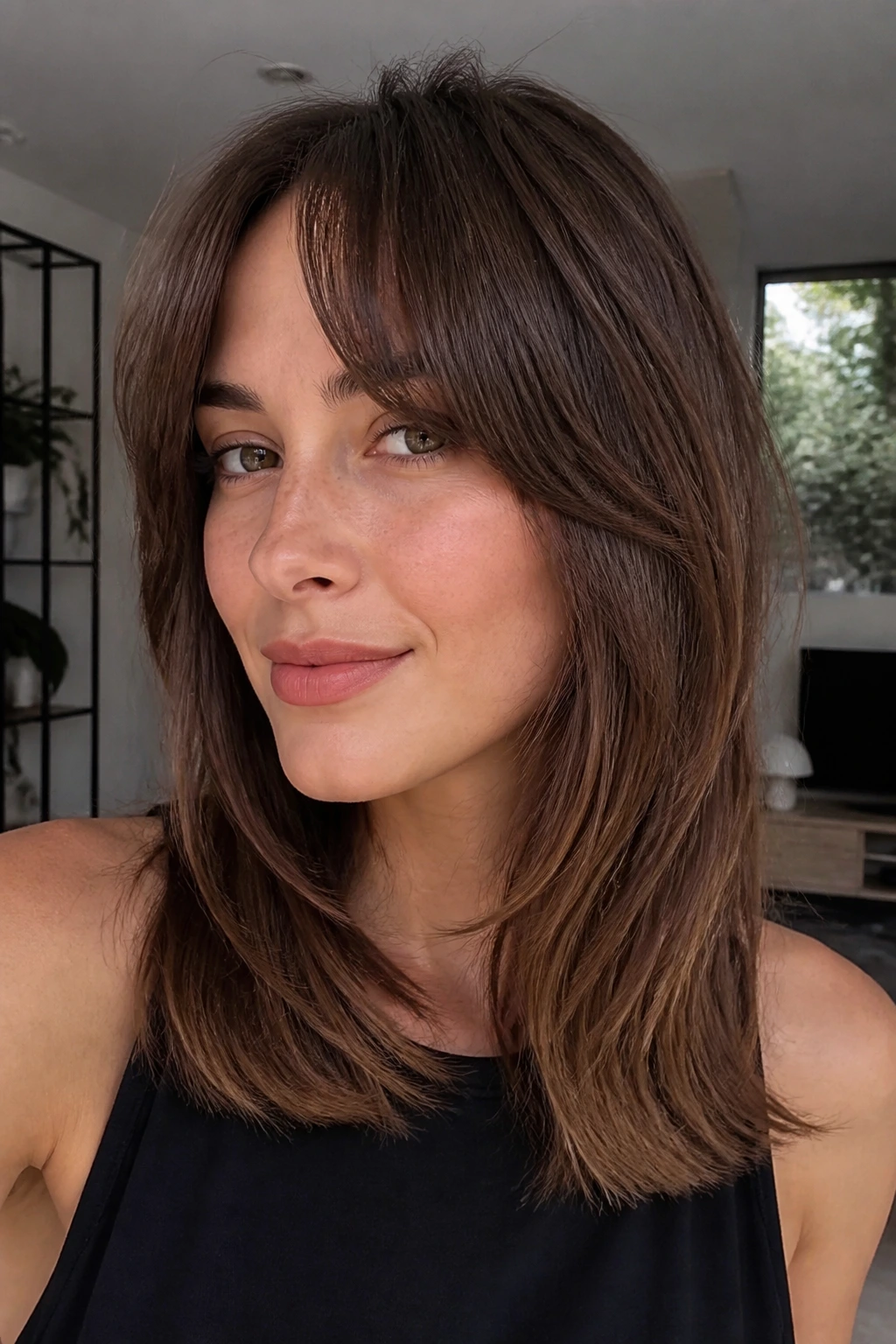 Portrait of a person with bottleneck bangs blending into layered sides