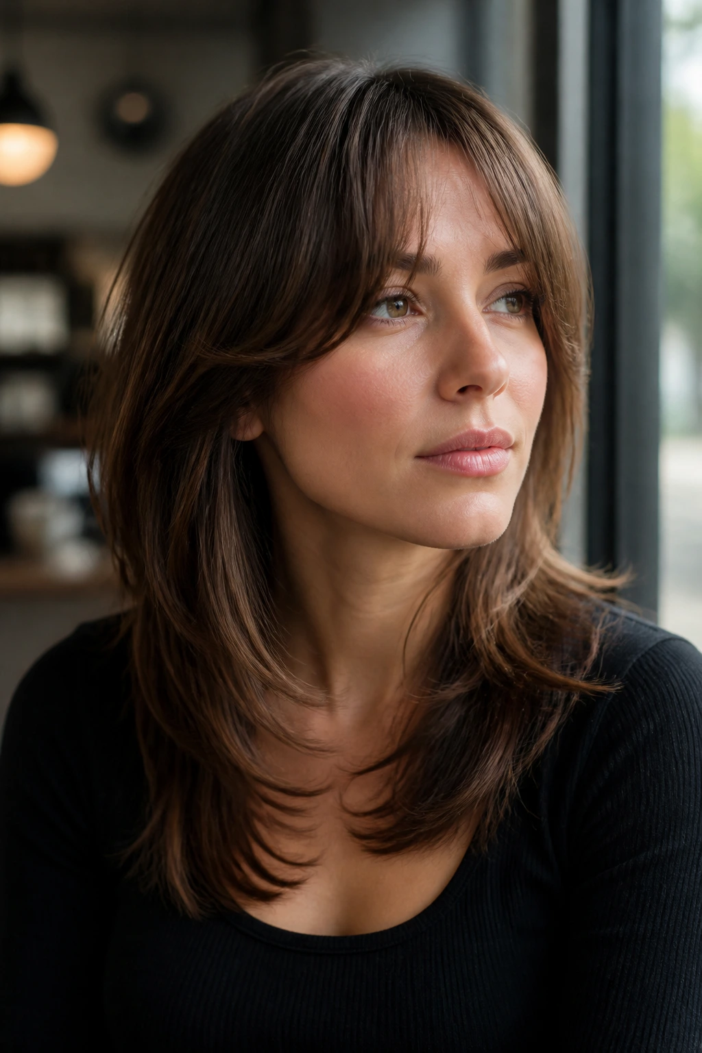 Portrait of a real woman with bottleneck bangs and long low-drama layers.