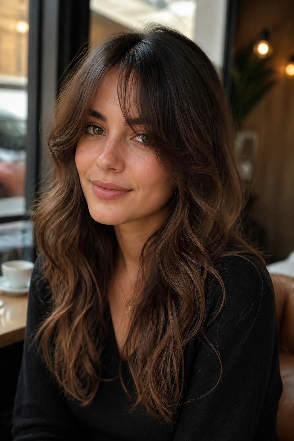 Close-up of a real woman with bottleneck bangs and face-framing layers