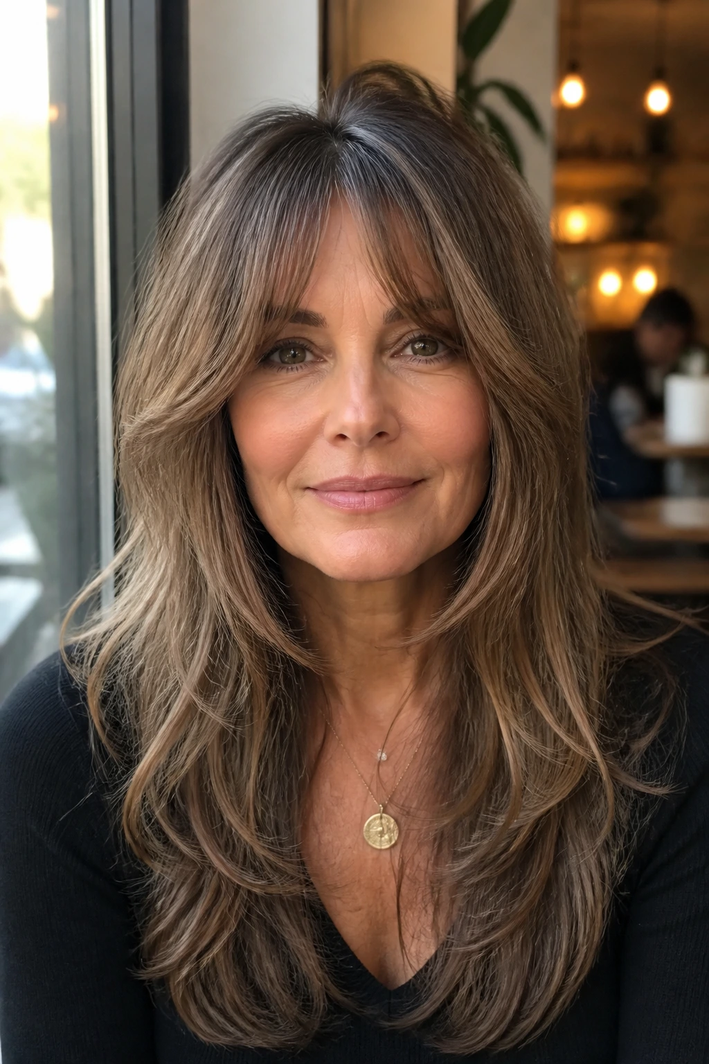 Close-up of a real woman with bottleneck bangs blending into cascading layers
