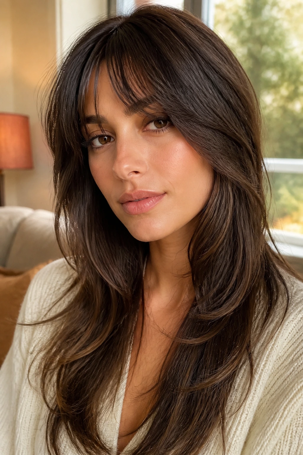 Portrait of woman with bottleneck bangs and soft jawline sweep