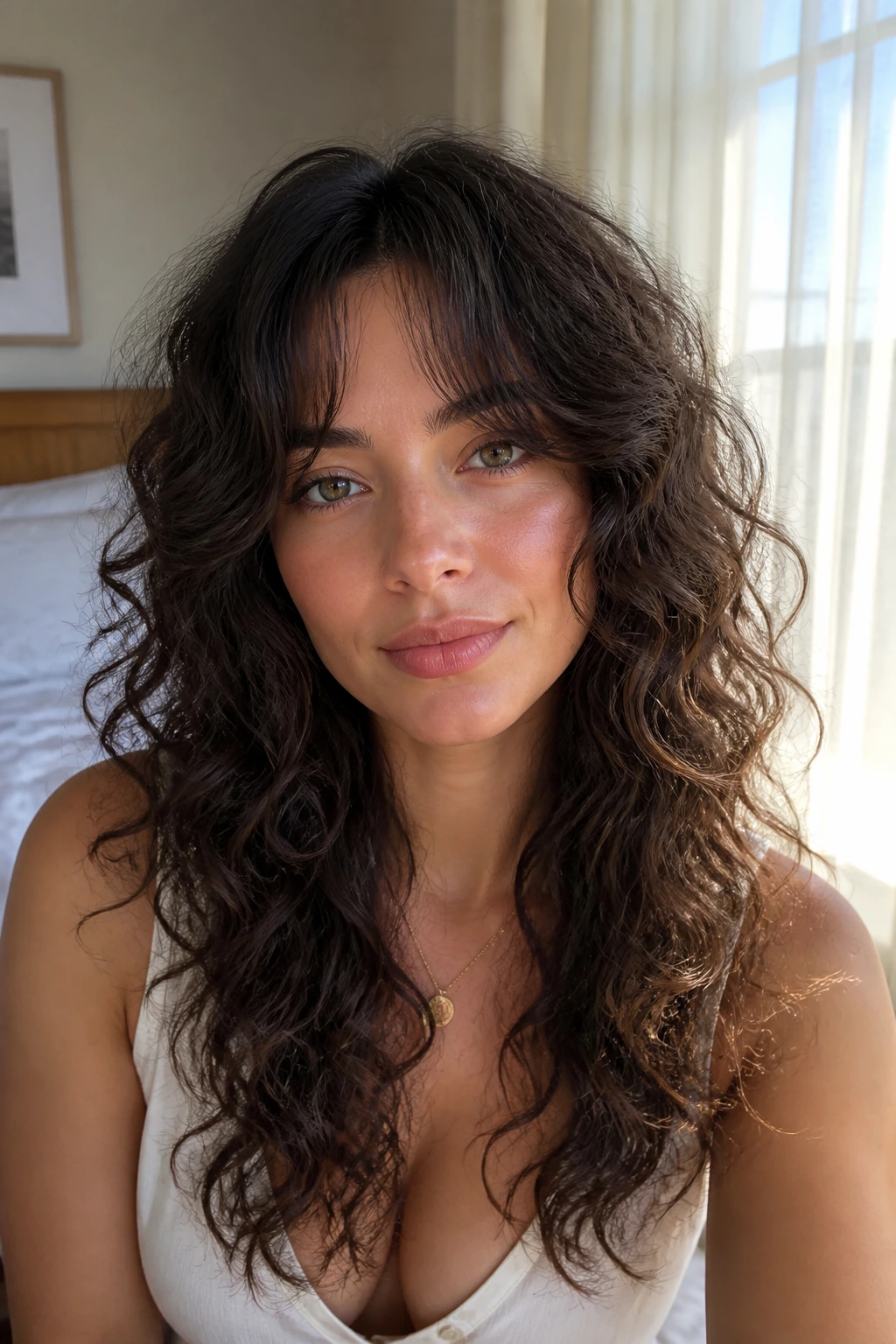 Close-up of bottleneck bangs shaping the brow line on a real woman, in warm daylight