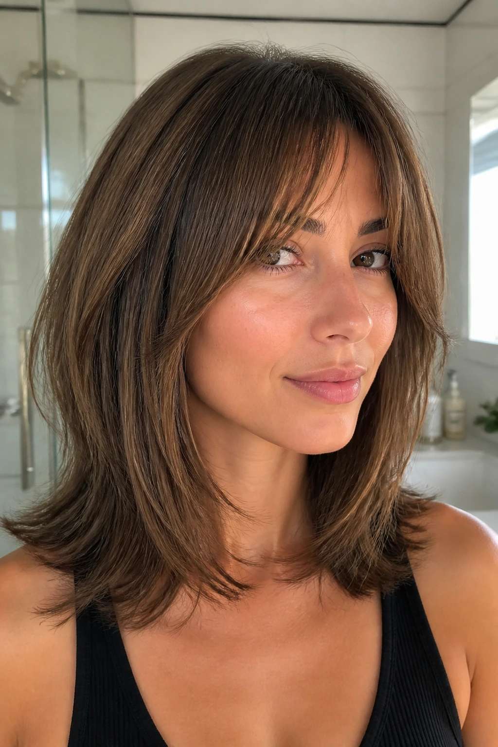 Real woman with bottleneck bangs and shoulder-length layers in soft natural light