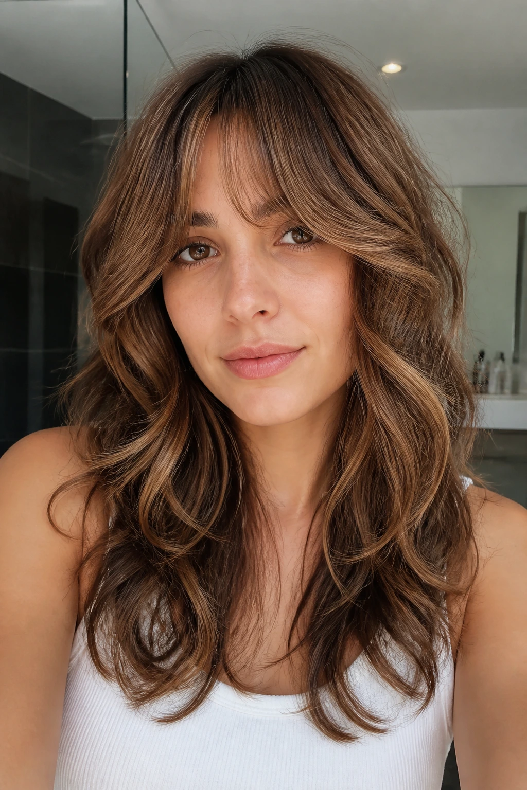 Real woman with bottleneck bangs blending into layered waves