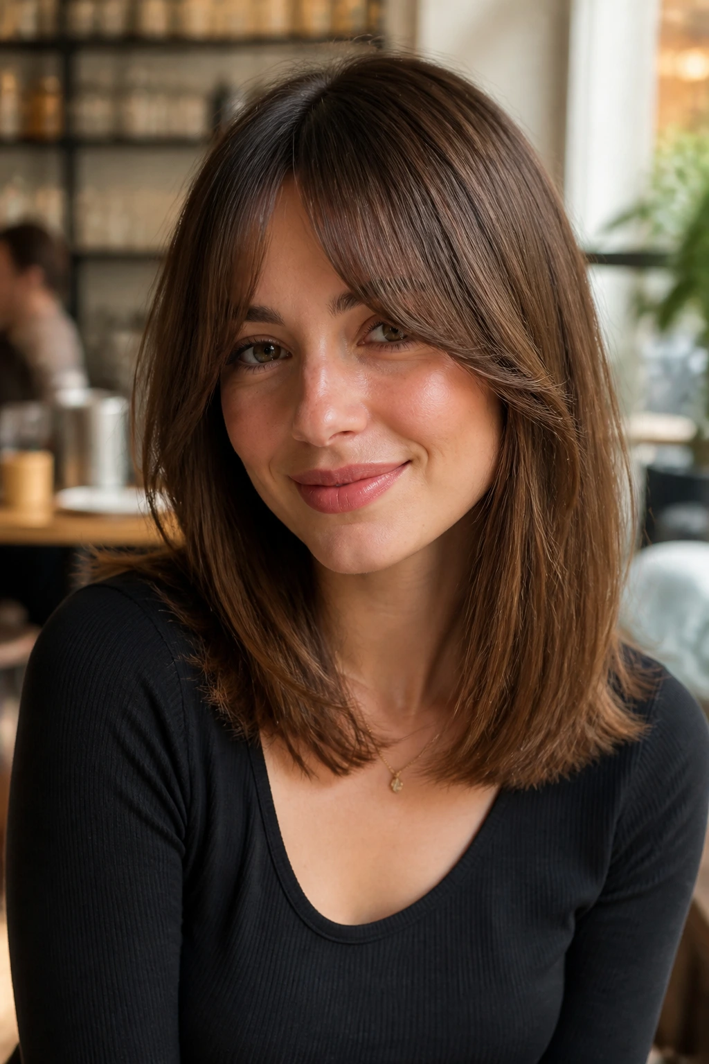 Close-up of a real woman with bottleneck bangs and collarbone-length hair.