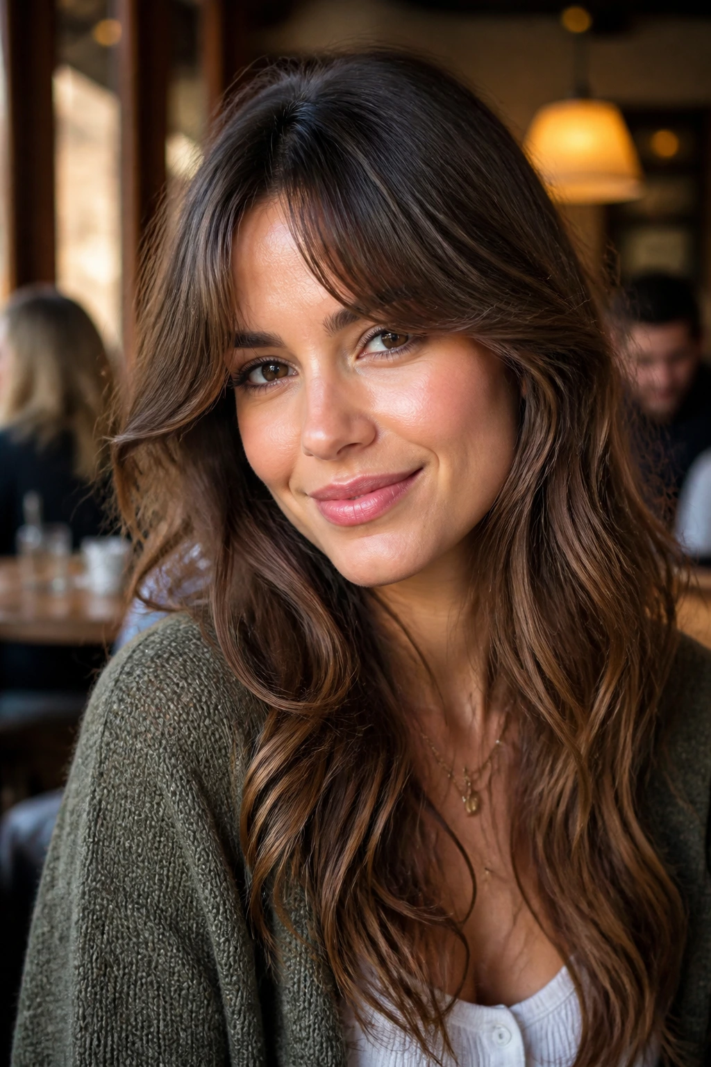 Close-up portrait of a real woman with bottleneck bangs and long waves.