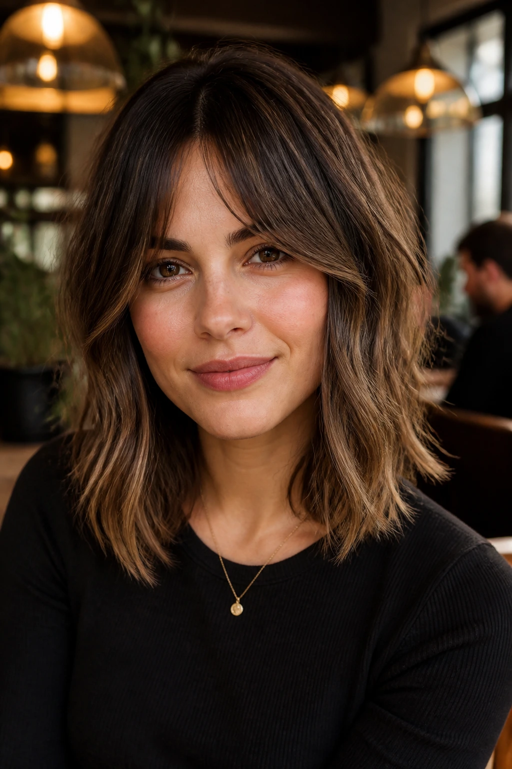 Close-up of Bottleneck Bang Lob on a real person with center-narrowing fringe