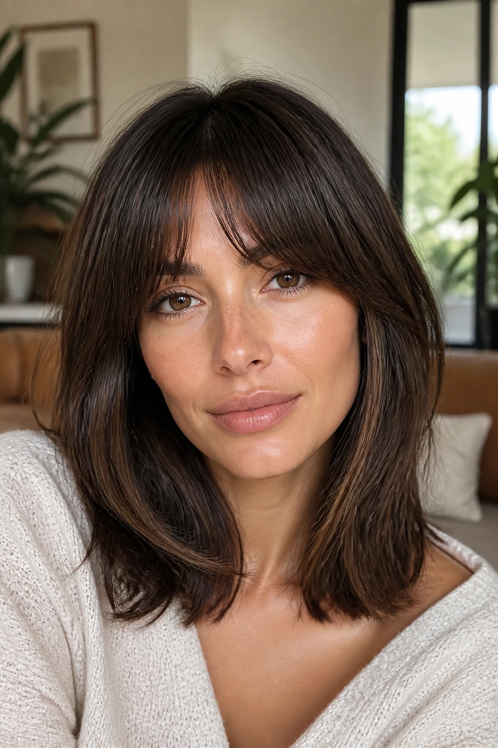 Close-up portrait of a woman with bottleneck bangs on shoulder-length lob, soft window light