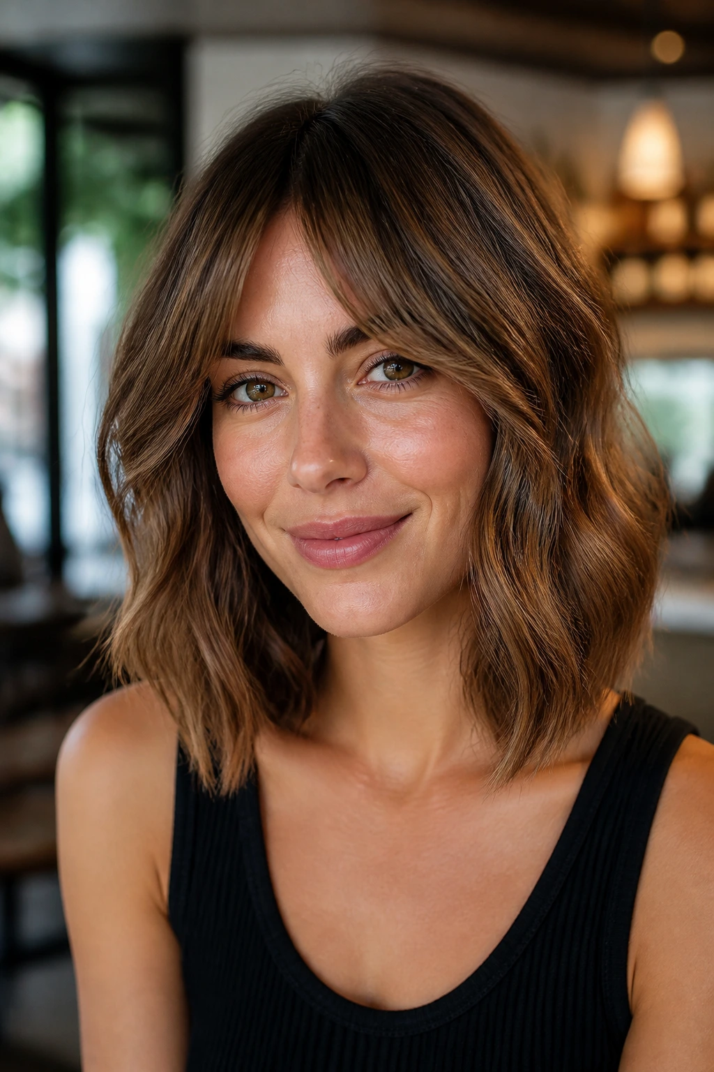 Real woman with bottleneck bangs and lob in cafe-like setting