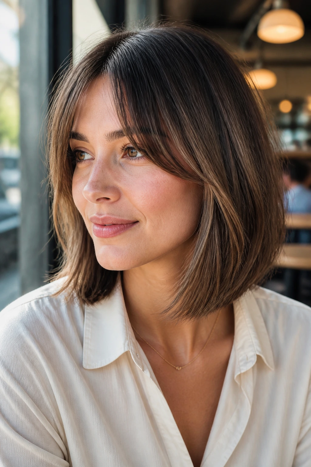 Close-up of a real woman with bottleneck bangs blending into front layers