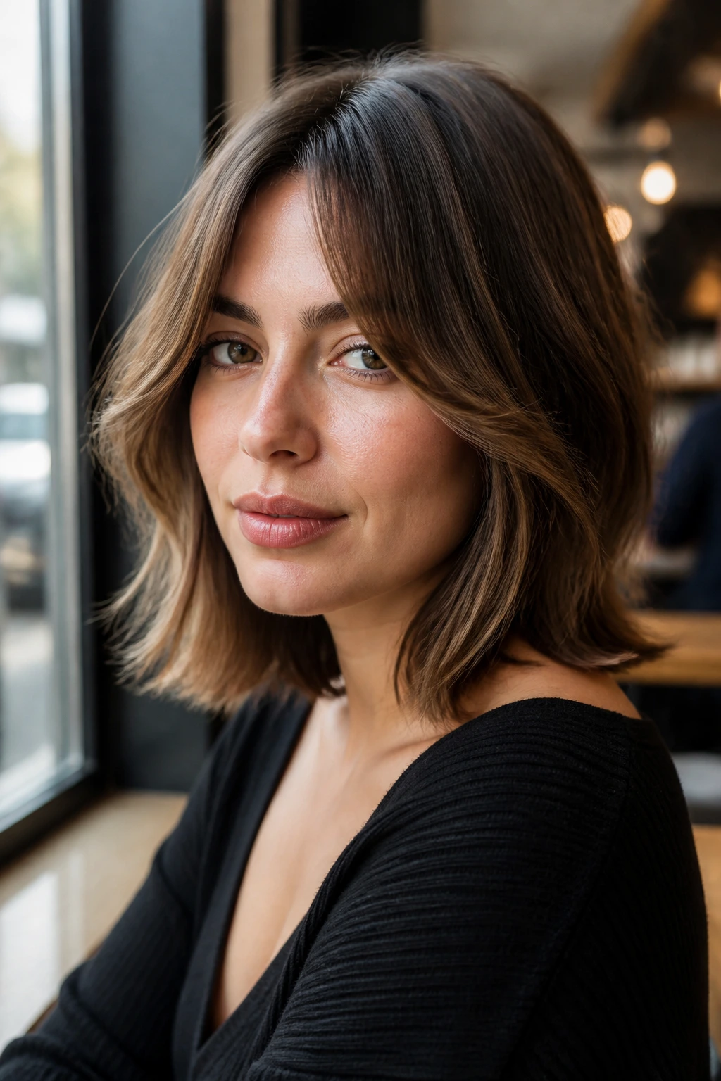 Real person with bottleneck bangs showing narrow center and wider sides in urban daylight