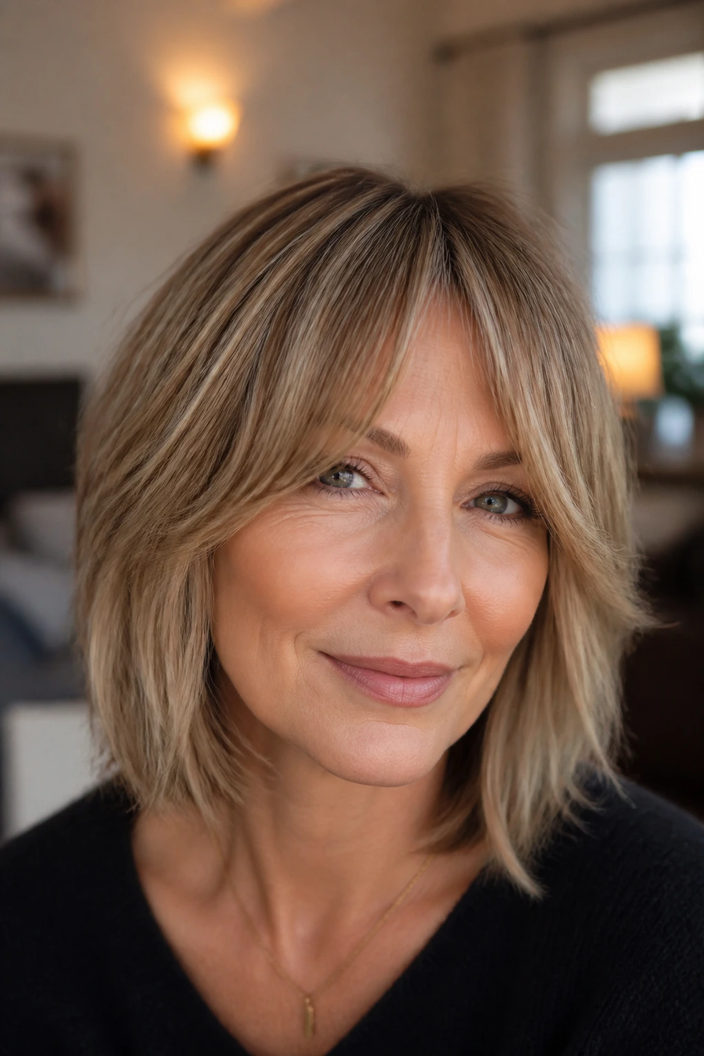 Close-up of a woman with bottleneck bangs and fine-hair lob in warm daylight.