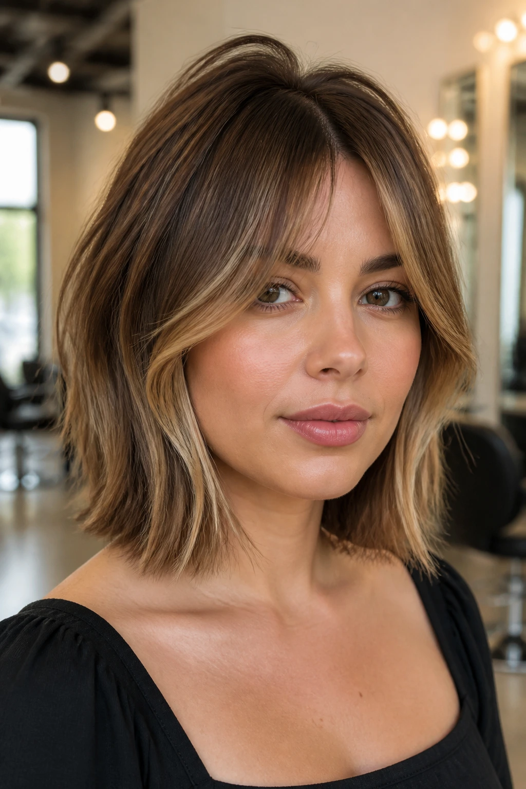 Close-up of a real woman with bottleneck bangs and crown-lifted lob