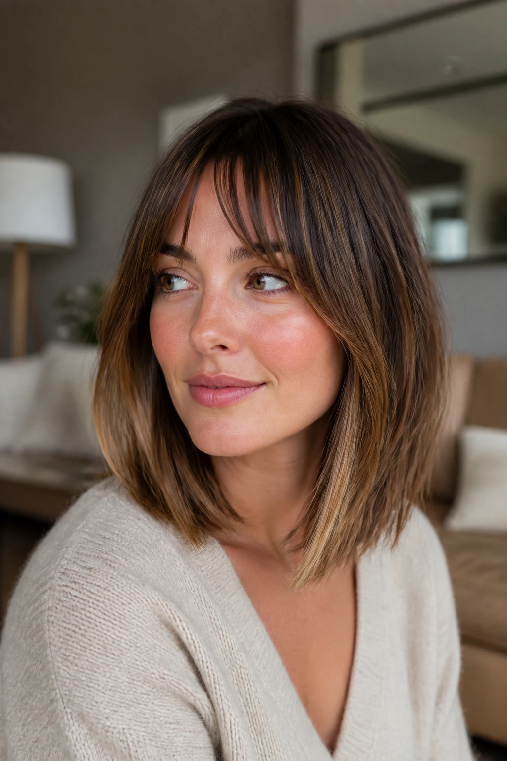 Portrait of woman with bottleneck bangs and lob haircut.