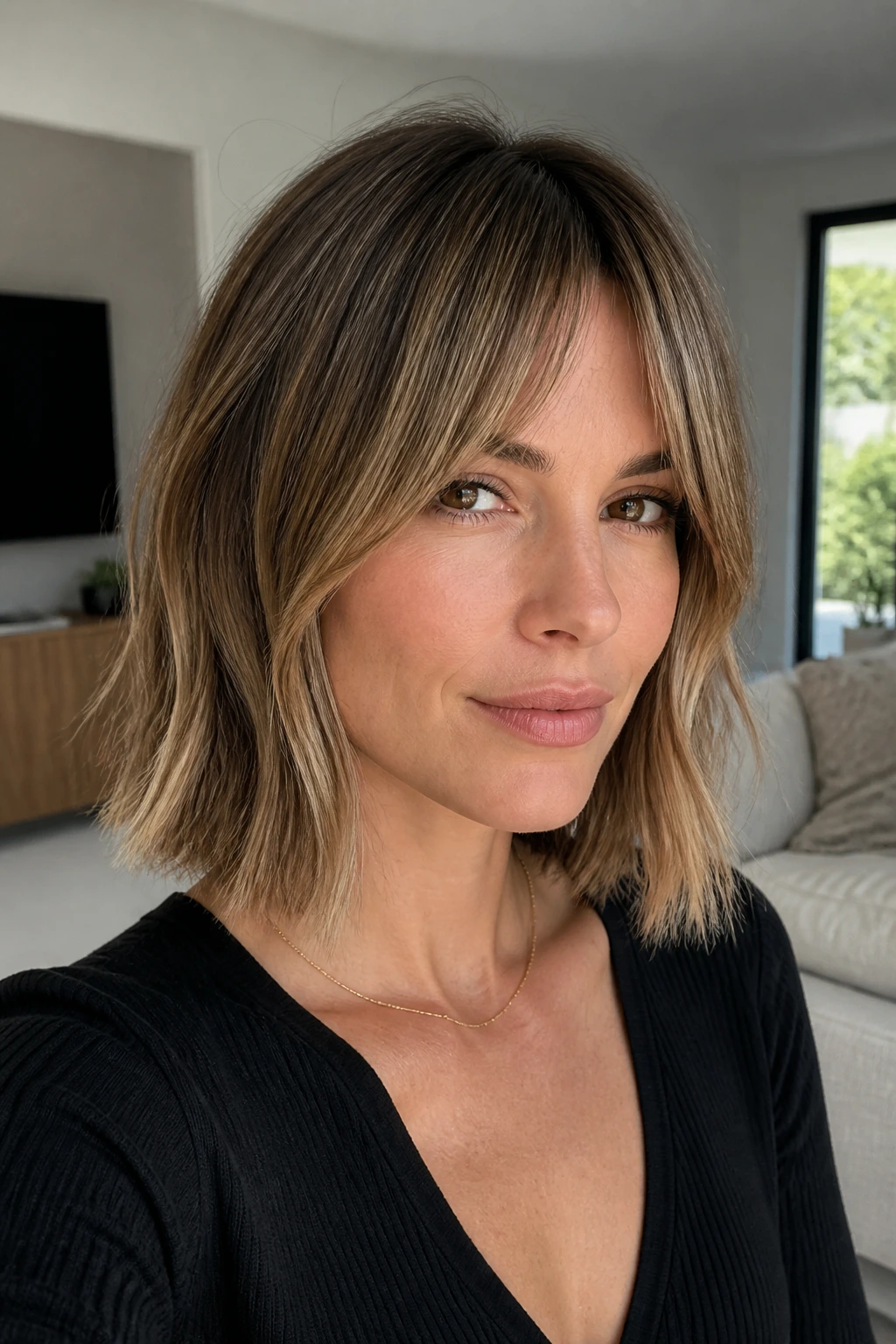 Close-up of a real woman with bottleneck bangs and a lob