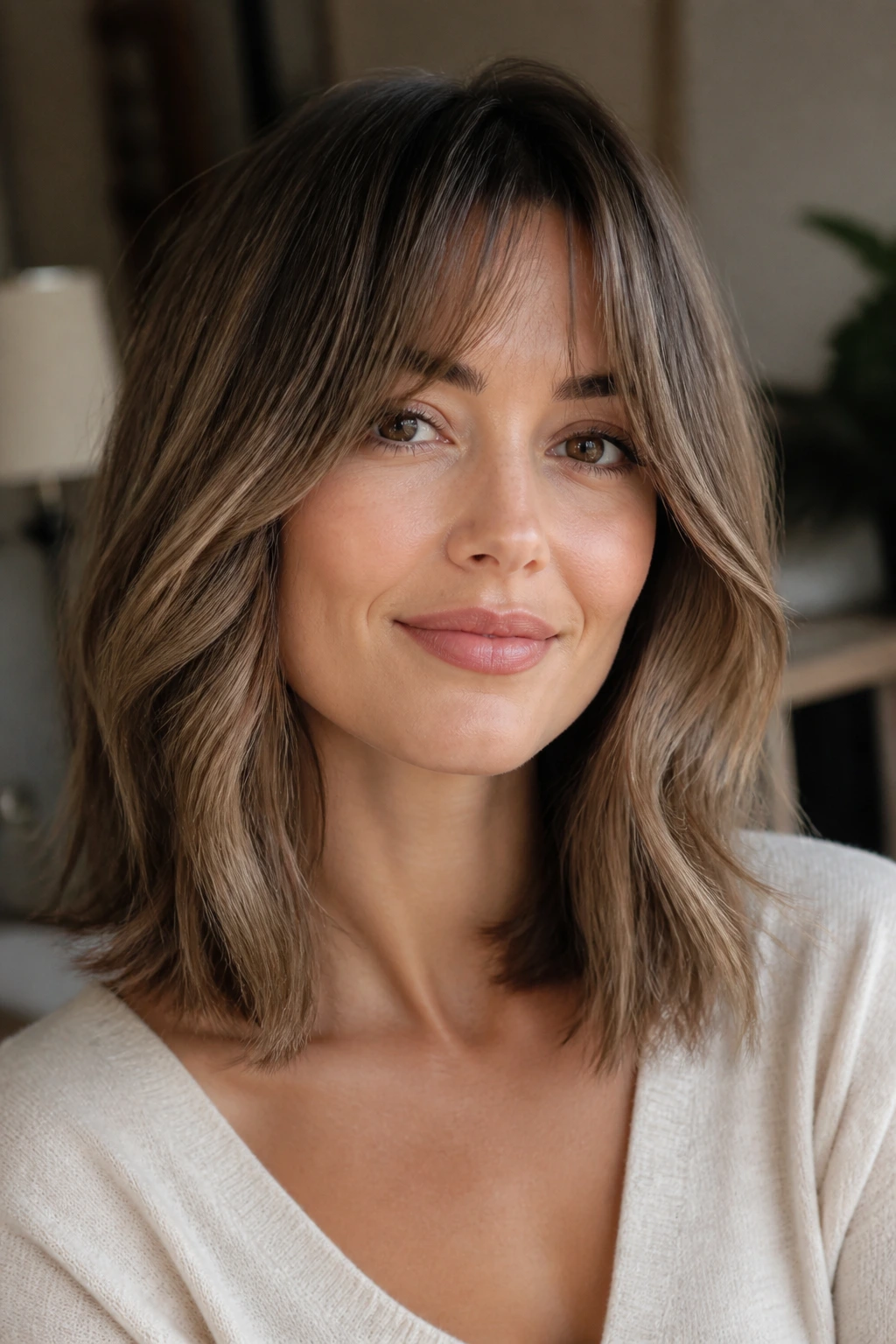 Portrait of a real woman with bottleneck bangs on a shoulder-length lob.