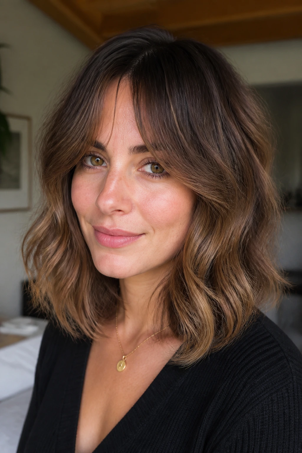 Close-up portrait of a real woman wearing Bottleneck Bang Lob with a Soft Curve in natural window light.
