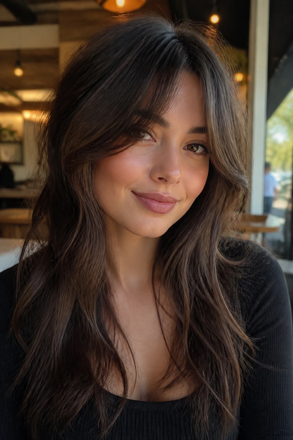 Close-up portrait of a real woman with bottleneck bangs and extra width in warm cafe light