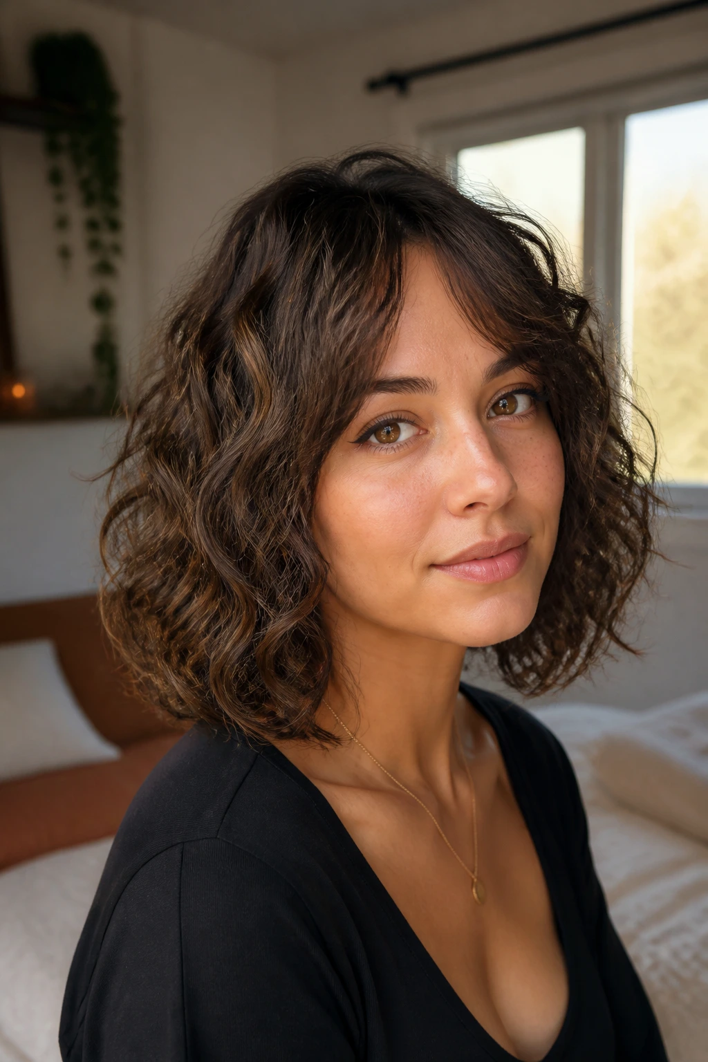 Close-up portrait of a real woman with bottleneck bangs and a long bob on an oval face