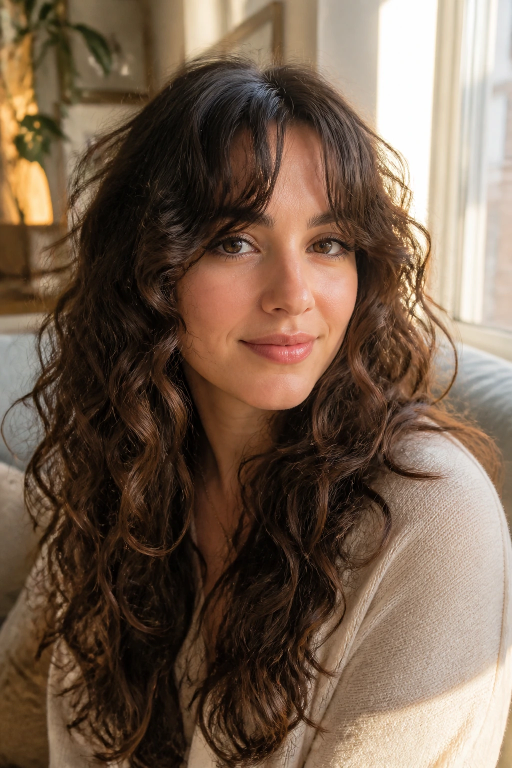 Close-up of real person with bottleneck bangs and long curls