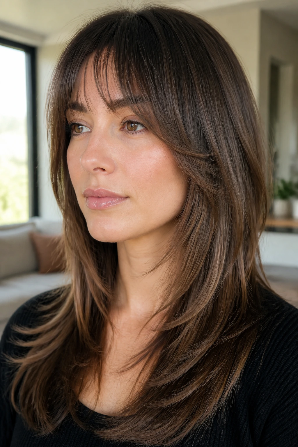 Close-up of a real woman with bottleneck bangs and long feathered sides