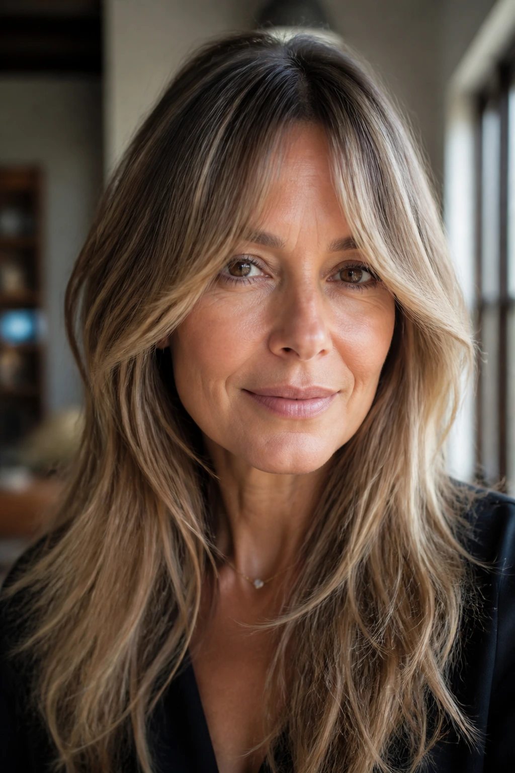 Close-up of a real woman with bottleneck bangs and long hair with babylights.