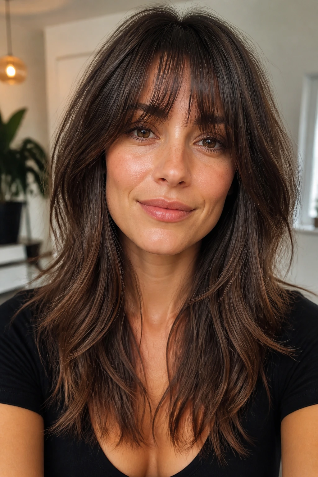 Close-up of a woman with bottleneck bangs and choppy mid-length movement.