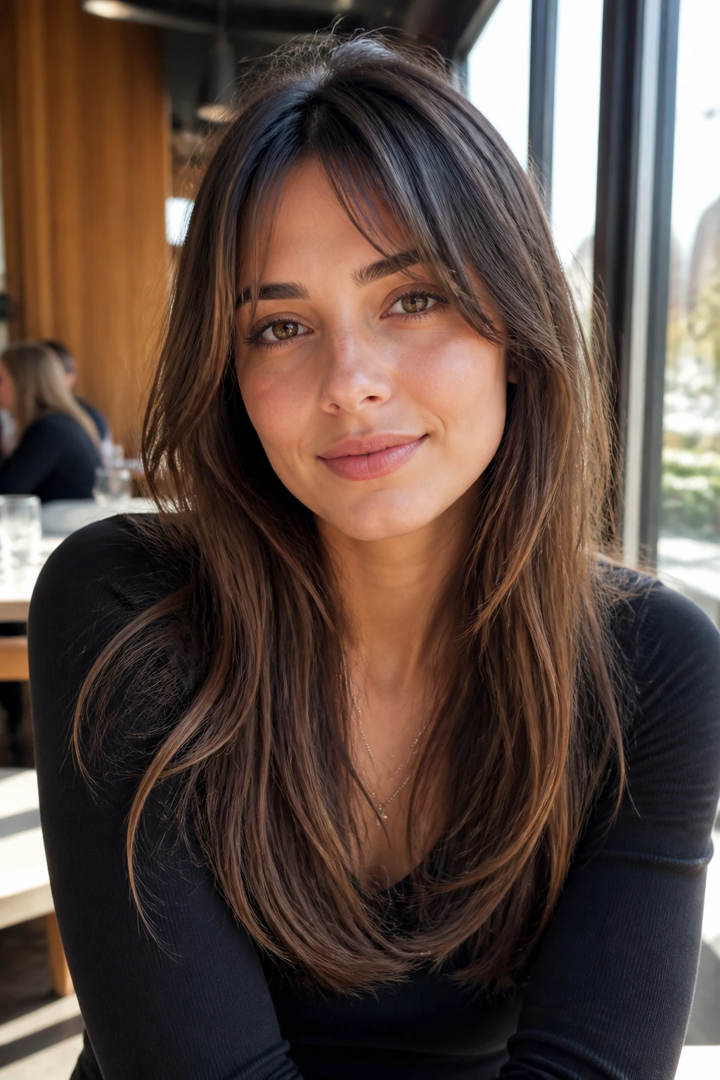 Close-up portrait of a real woman with bottleneck bangs and long layers
