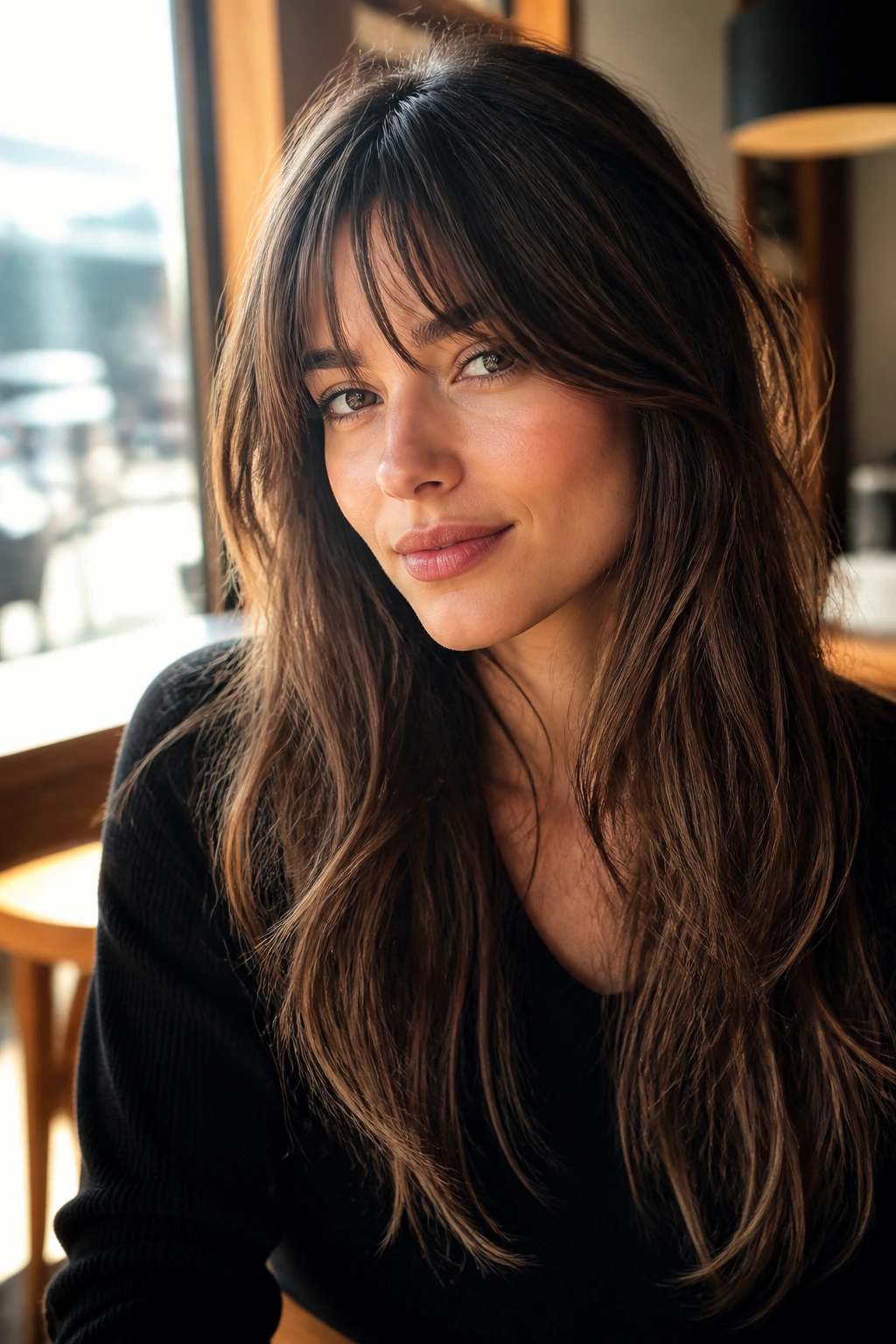 Close-up of a real woman with bottleneck bangs blending into long layers