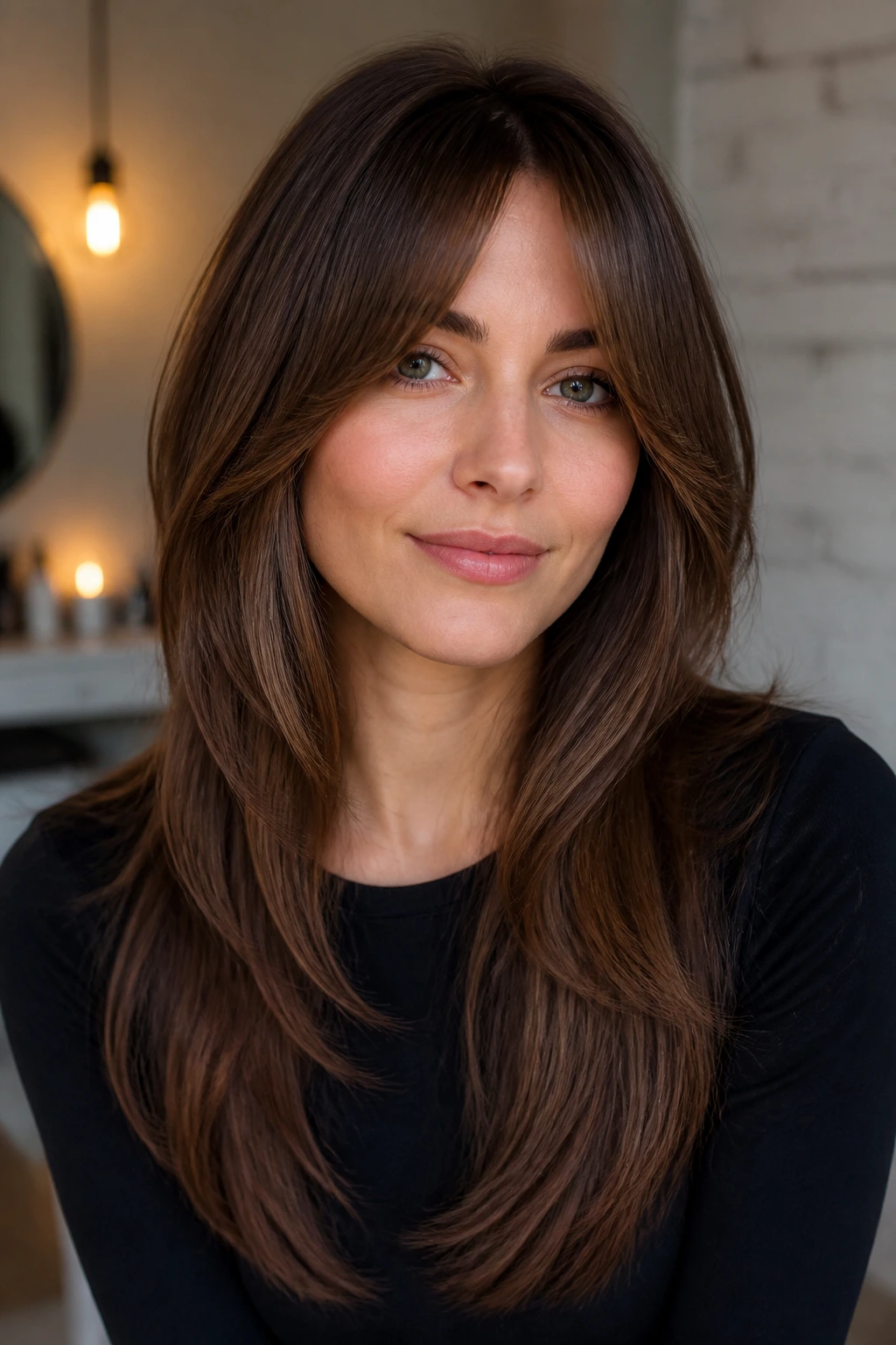 Close-up of a real person with bottleneck bangs blending into long layers