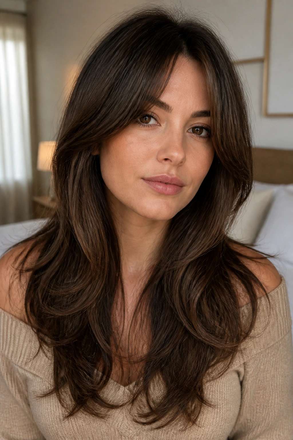 Close-up portrait of a woman with bottleneck bangs blending into long layers in warm bedroom light