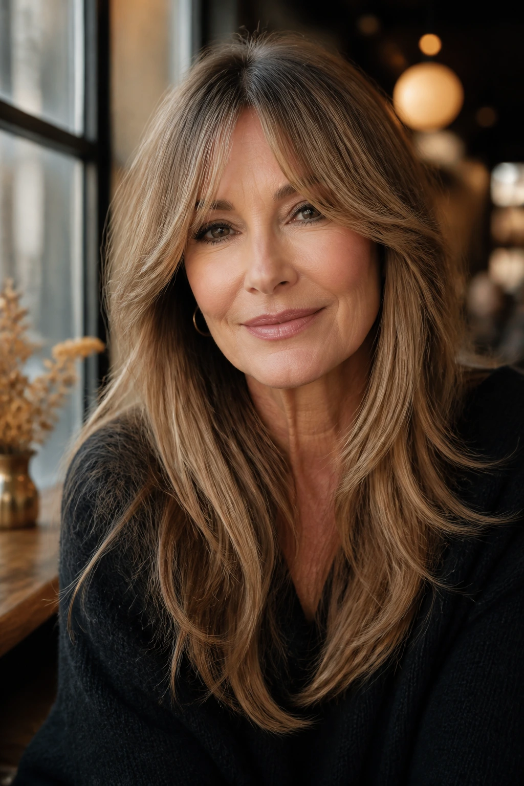 Woman wearing bottleneck bangs blending into long length front layers