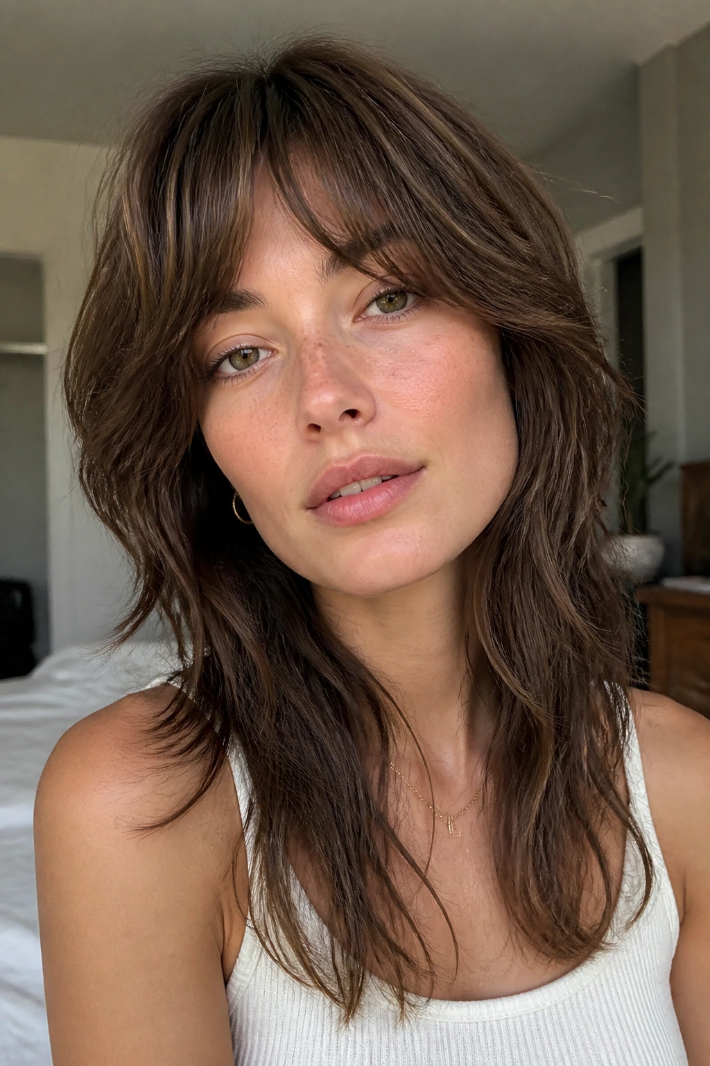 Real person with bottleneck bangs long shag