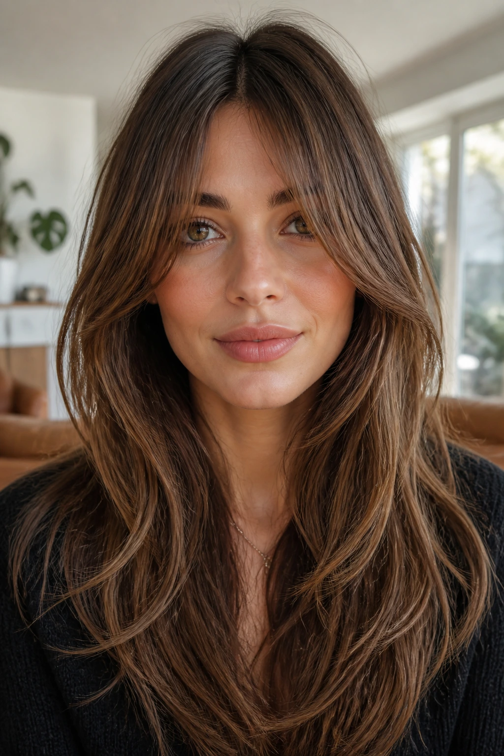 Close-up of a real woman with bottleneck bangs and long sides.