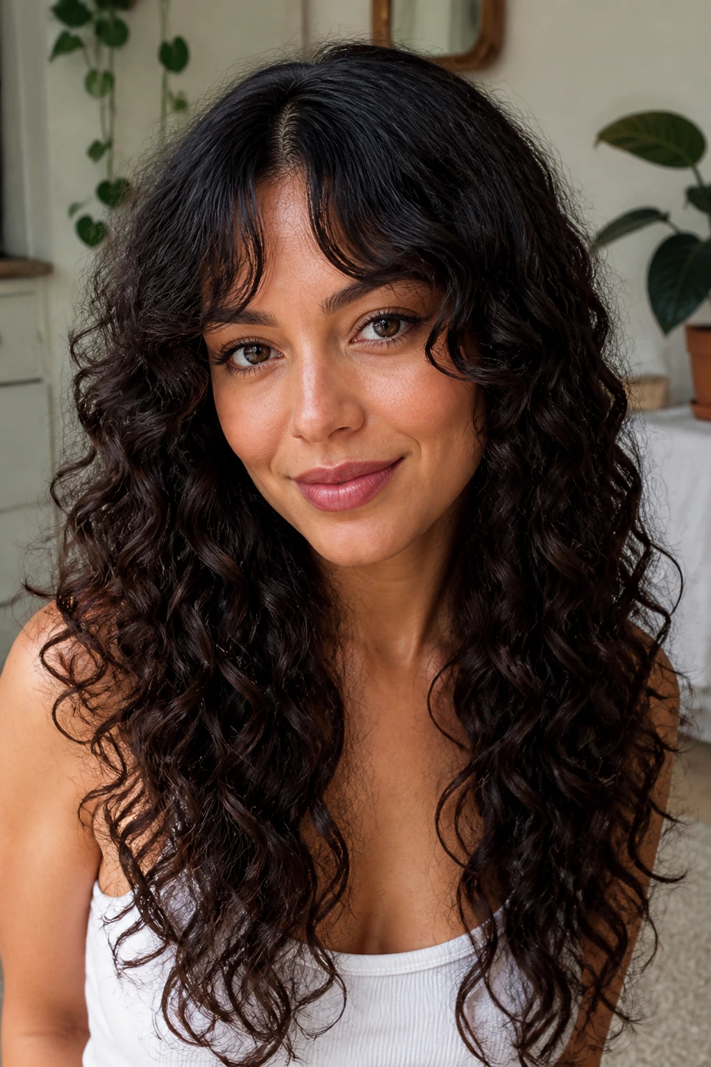 Real woman with bottleneck bangs and long spiral curls in a soft-lit room