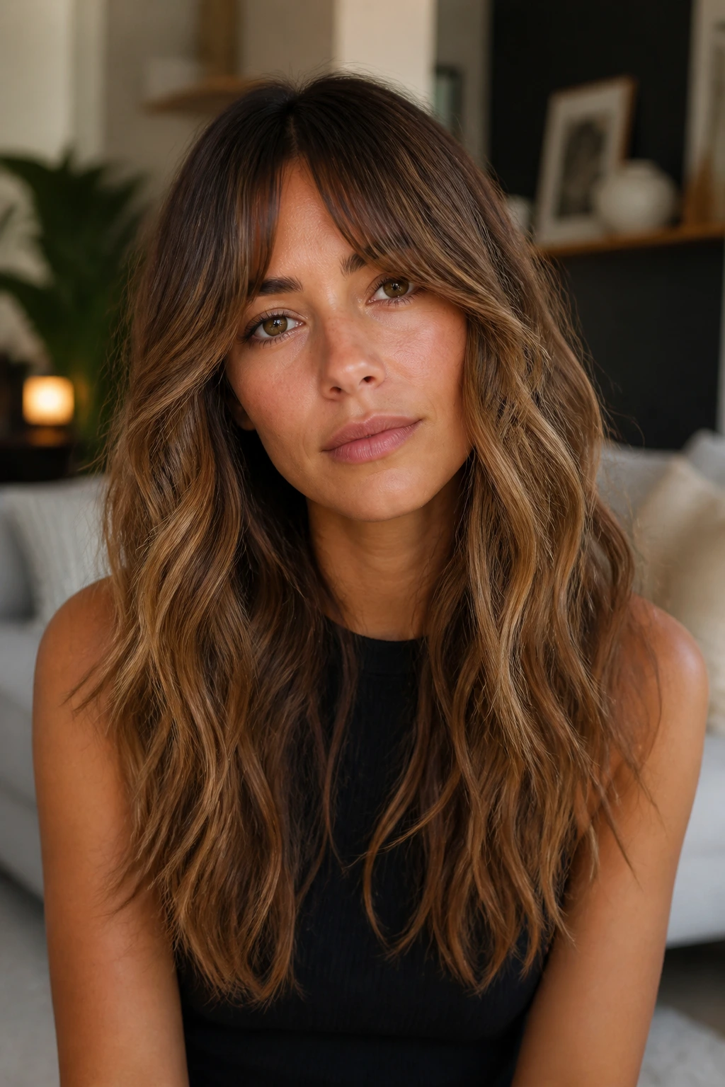 Portrait of a woman with bottleneck bangs and long waves
